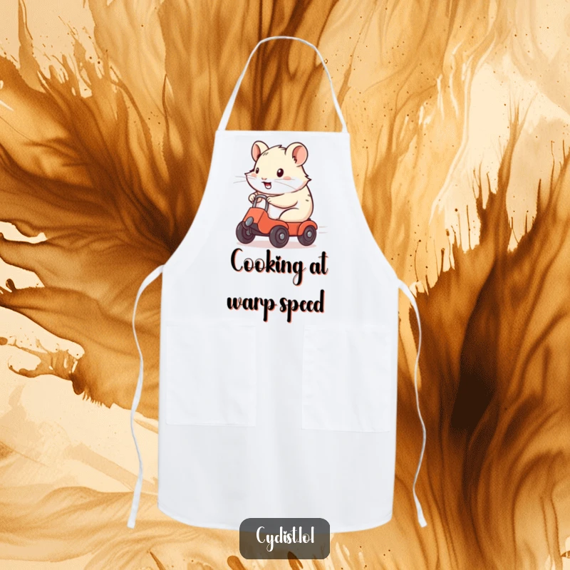 Funny Apron showing a determined hamster expertly maneuvering a small wheeled vehicle, celebrating kitchen speed.