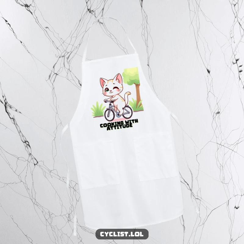 Funny cat character with a playful smirk, cycling while wearing a chef hat, printed on a kitchen apron, adding humor to cooking.