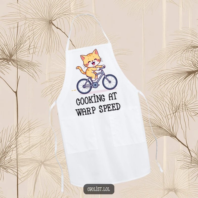 Funny cat bicycle apron featuring a cheerful cat pedaling furiously on a tiny racing bicycle, designed for a fun and energetic cooking experience.