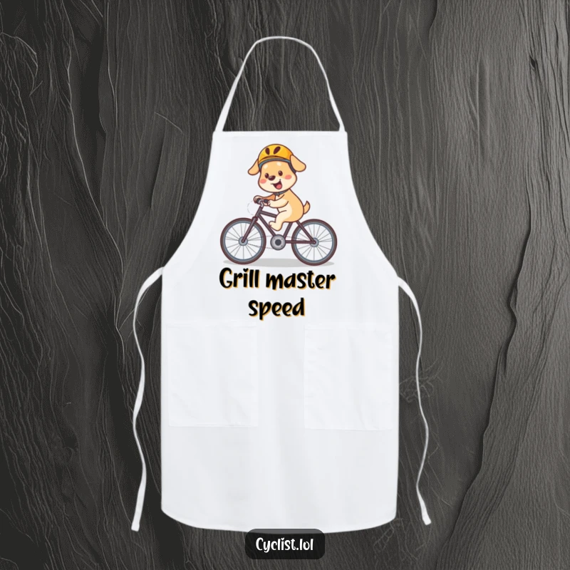 Funny dog bicycle apron featuring a happy dog in a helmet, cycling downhill with speed, designed for a fun and adventurous cooking experience.