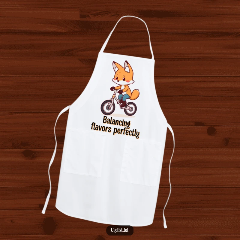 Funny apron featuring a playful fox concentrating intently while balancing on a unicycle, perfect for a humorous cooking experience.