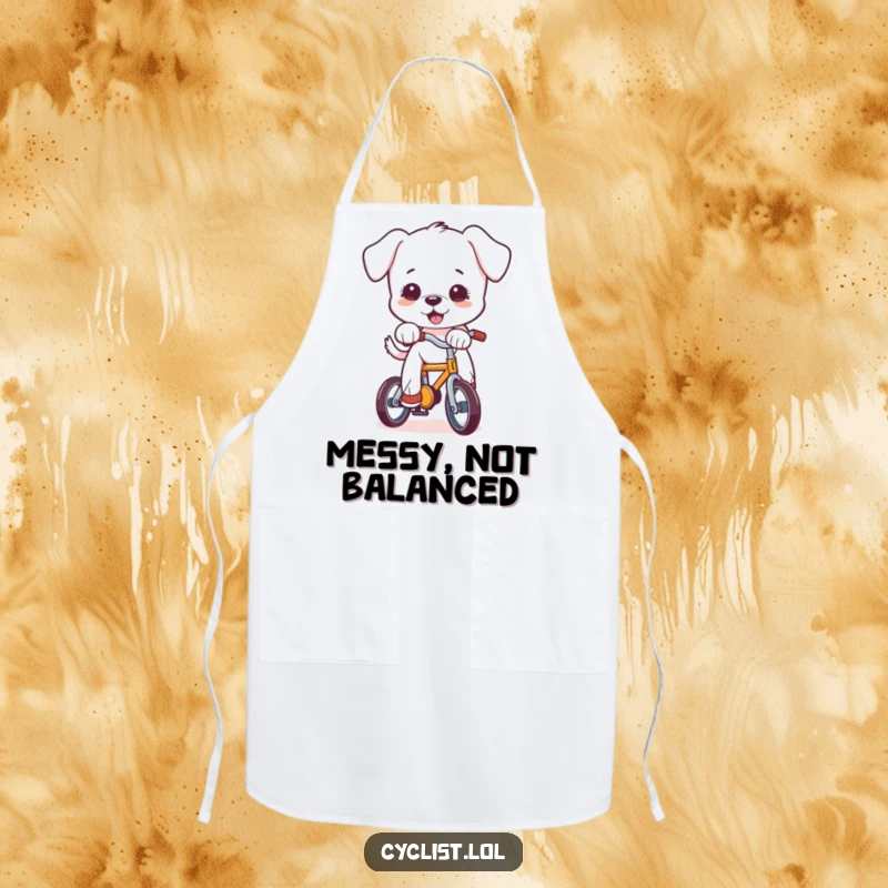 Funny puppy character trying to ride a bicycle while wearing a chef hat, printed on a kitchen apron, adding humor to cooking.