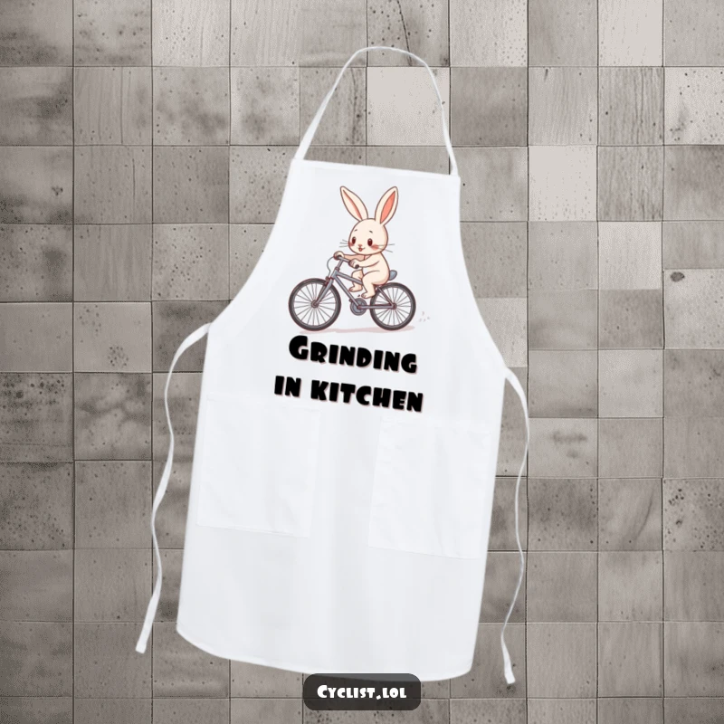 Funny determined rabbit character pedaling a tiny bicycle uphill on an apron, making cooking a humorous and determined effort.