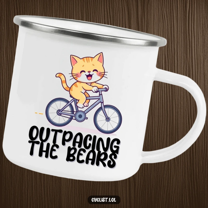 Funny cat bicycle camping mug featuring a cheerful cat pedaling furiously on a tiny racing bicycle, built for adventure and feline-themed enjoyment.