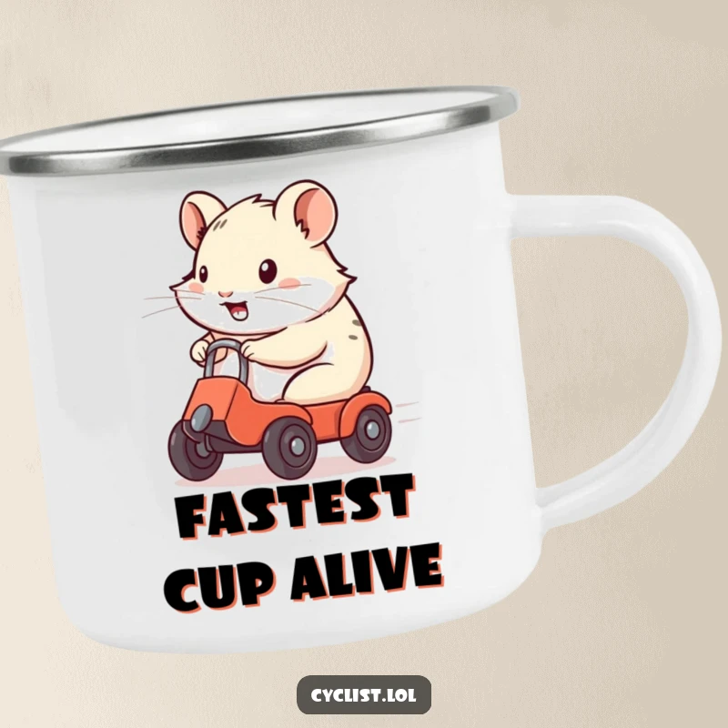 Funny Camping Mug with a determined hamster accelerating on a tiny wheeled device, perfect for adventurous moments.