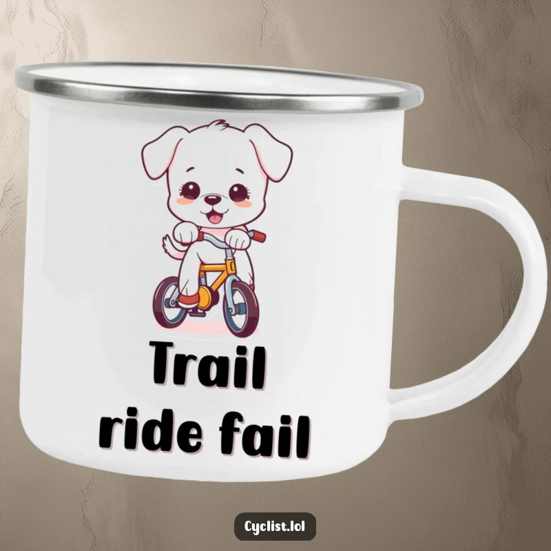 Funny puppy character attempting to ride a bike in an outdoor setting, printed on a rugged camping mug, perfect for adventure humor.