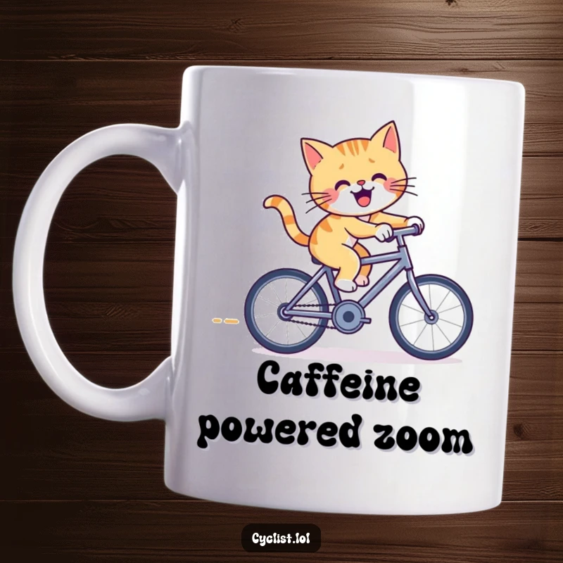 Funny cat mug featuring a cheerful cat furiously pedaling a tiny racing bicycle with determination and a hint of mischief.