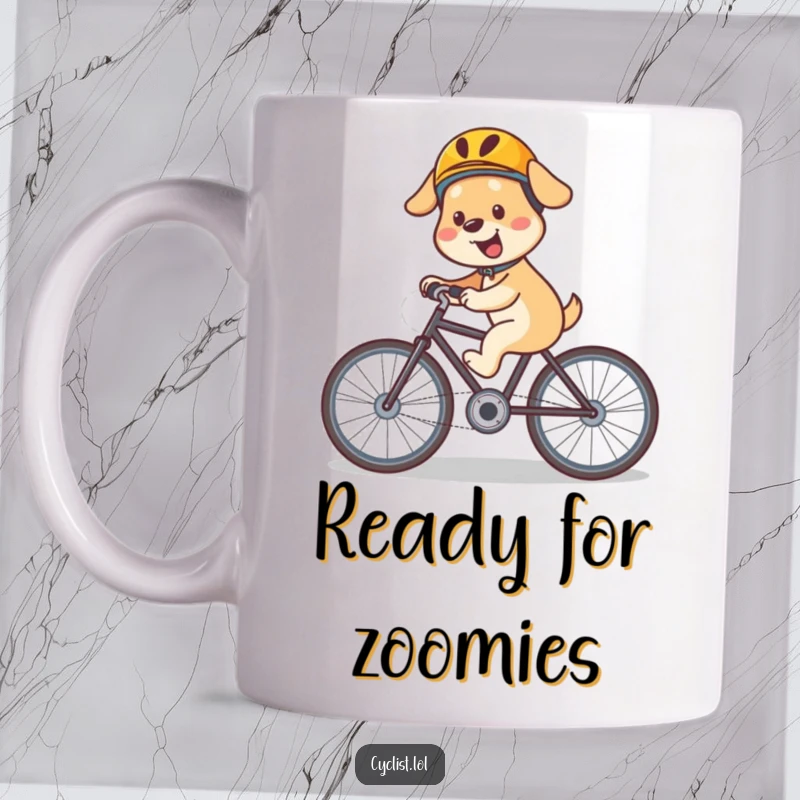 Funny dog mug featuring a happy dog wearing a helmet, speeding downhill on a bicycle with joyous excitement and a sense of fun.