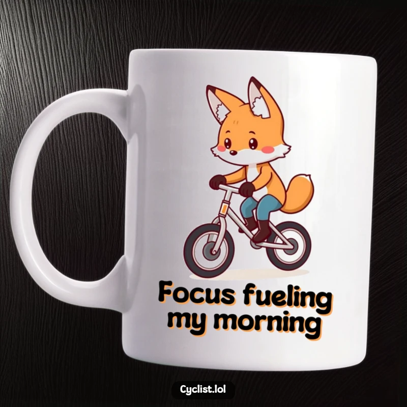 Funny mug with a playful fox concentrating intensely while pedaling a unicycle, a unique funny gift for skill and focus lovers.
