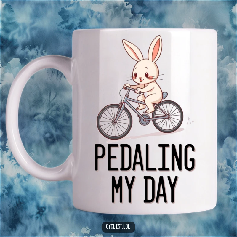 Funny determined rabbit character pedaling a tiny bicycle uphill with effort on a mug, symbolizing perseverance and strength.