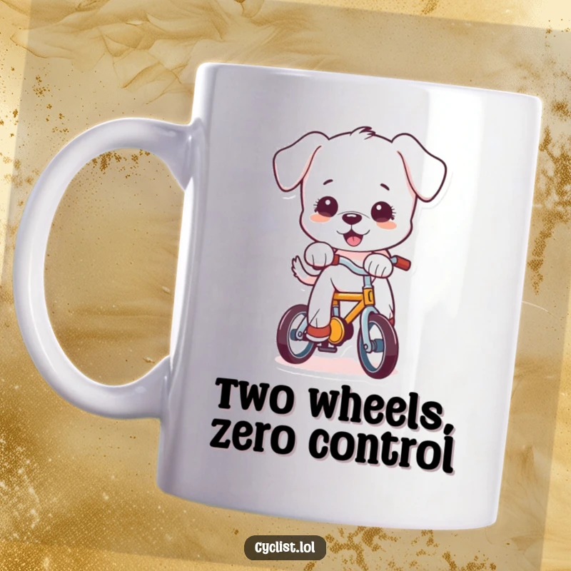 Funny puppy trying to balance on a small bicycle, depicted with a comical expression on a ceramic mug, perfect for dog lovers.