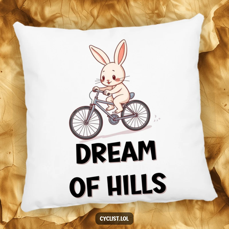 Funny determined rabbit character pedaling a tiny bicycle uphill on a soft pillow, offering comfort and a symbol of effort.
