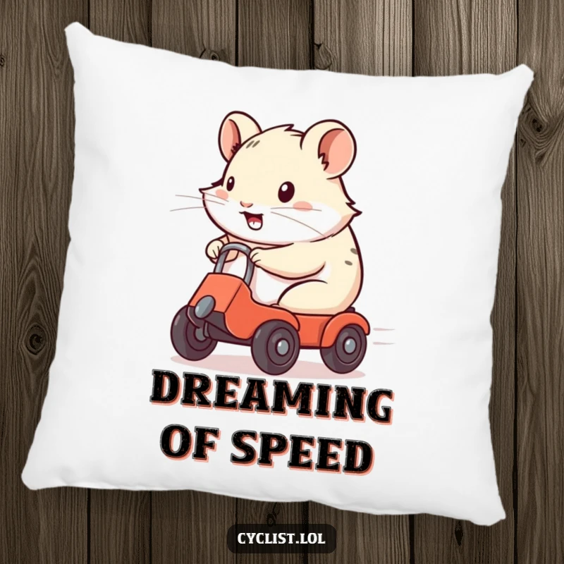 Funny Pillow featuring a determined hamster racing on a tiny wheeled gadget, radiating speed and playful energy.