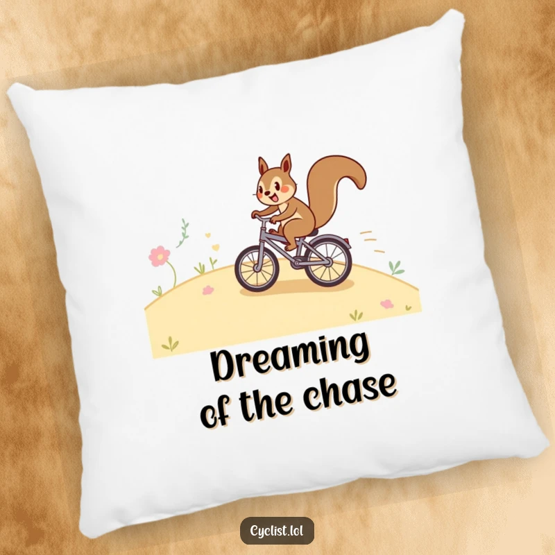 Funny happy squirrel pillow featuring a squirrel speeding downhill on a tiny bicycle, adding a humorous and comfortable touch to any seating area or bed.