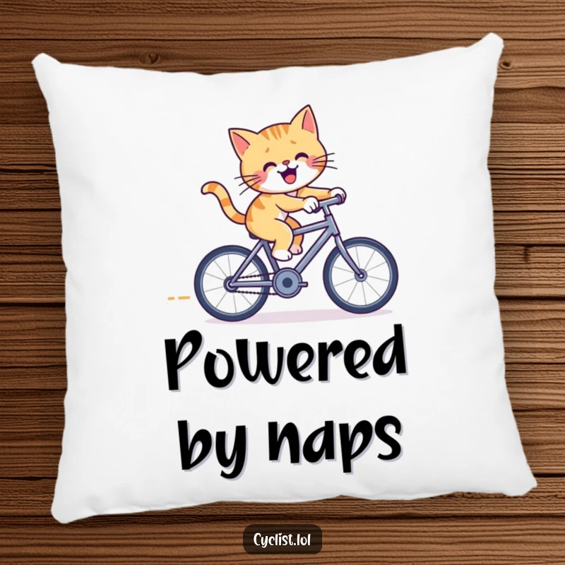 Funny cat bicycle pillow with a cheerful cat pedaling furiously on a tiny racing bicycle, offering plush comfort and a dose of feline fun.
