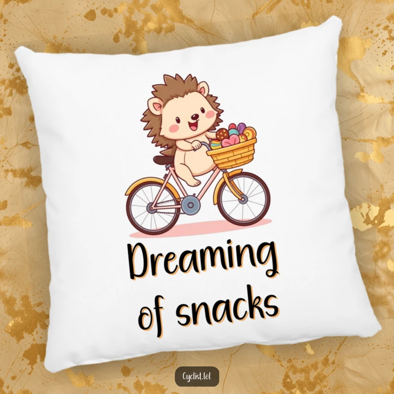 Funny hedgehog character riding a bicycle with a basket full of treats, featured on a soft decorative pillow, bringing sweetness to any space.