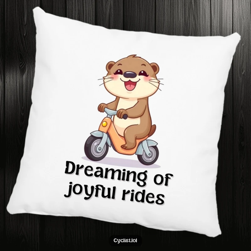 Funny pillow with a curious otter joyfully riding a miniature tricycle, adding humorous comfort and charm.