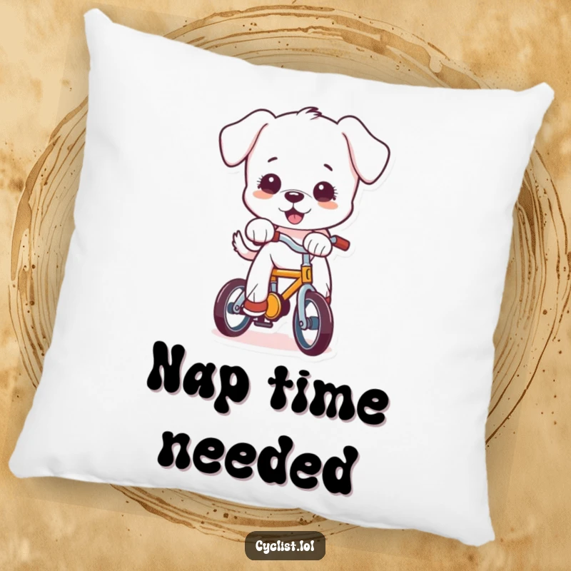 Funny puppy character wobbling precariously on a tiny bike, featured on a soft decorative pillow, bringing humor to any couch.