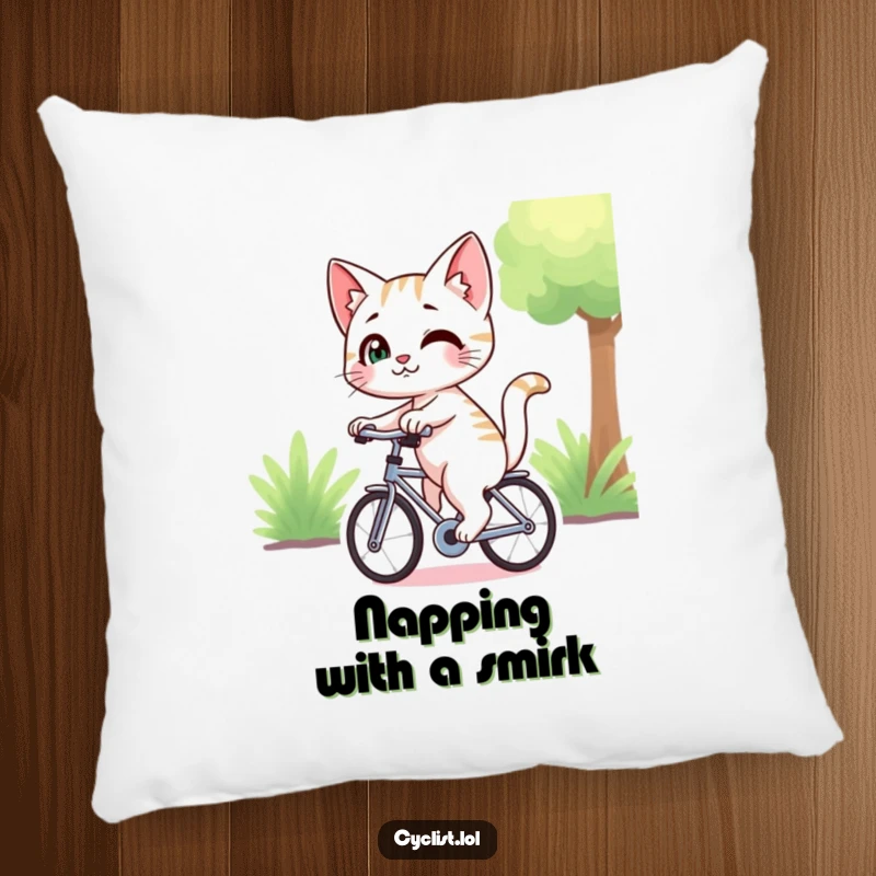 Funny cat character with a mischievous smirk, cycling and looking back, featured on a soft decorative pillow, bringing playful charm to any room.