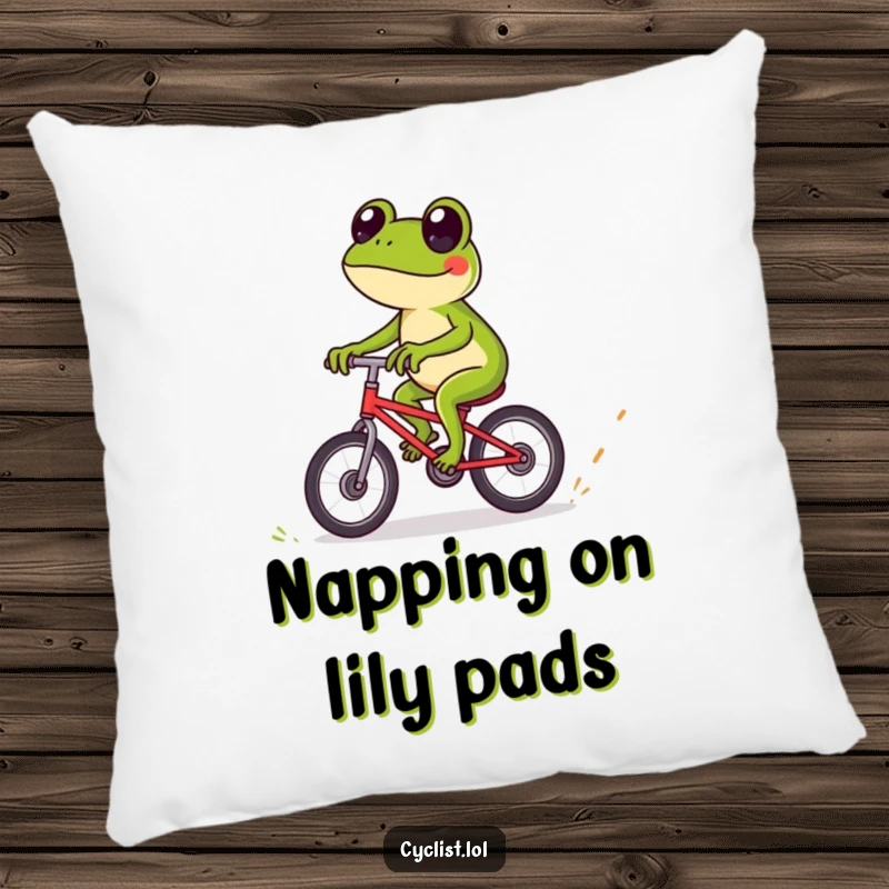 Funny frog bicycle pillow with a playful frog expertly riding over obstacles, offering plush comfort and a dose of amphibian adventure.