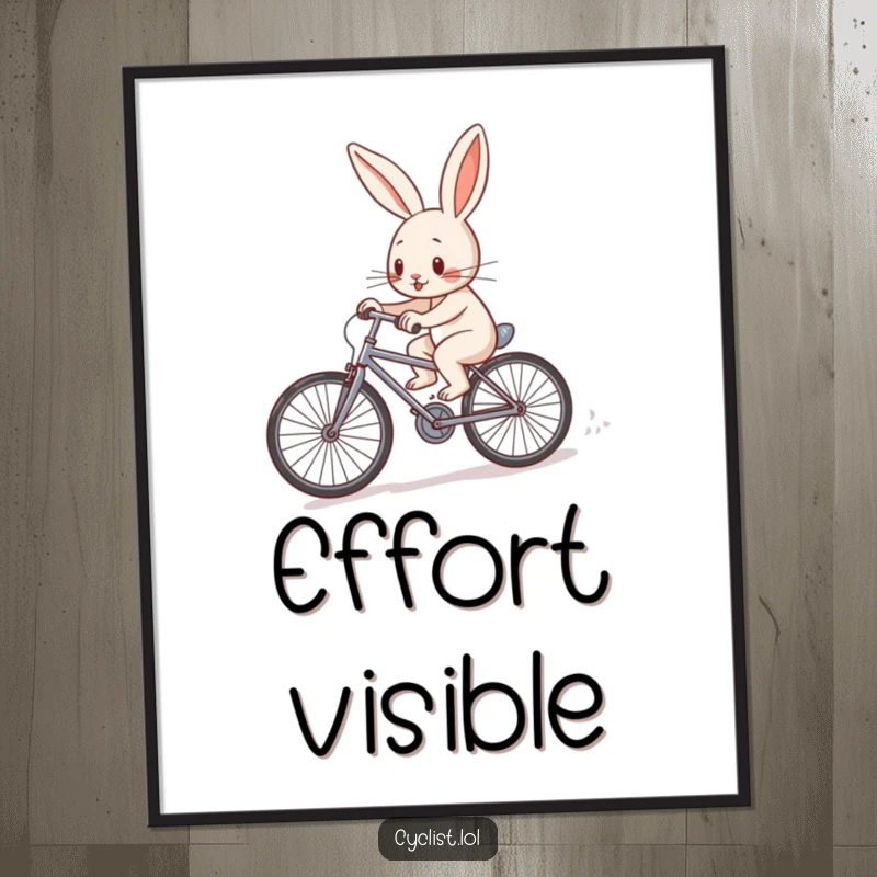 Funny determined rabbit character pedaling a tiny bicycle uphill, a printable digital art piece symbolizing perseverance and humor.