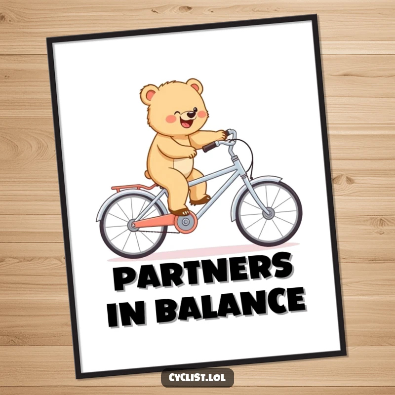 Funny digital art print of a determined bear cub bravely balancing on a tiny tandem bike, perfect for humorous wall decor.