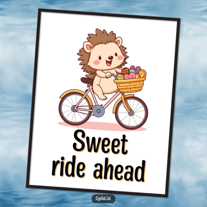 Funny happy hedgehog character riding a bicycle with a basket full of treats, a digital art print for instant whimsical and humorous decor.