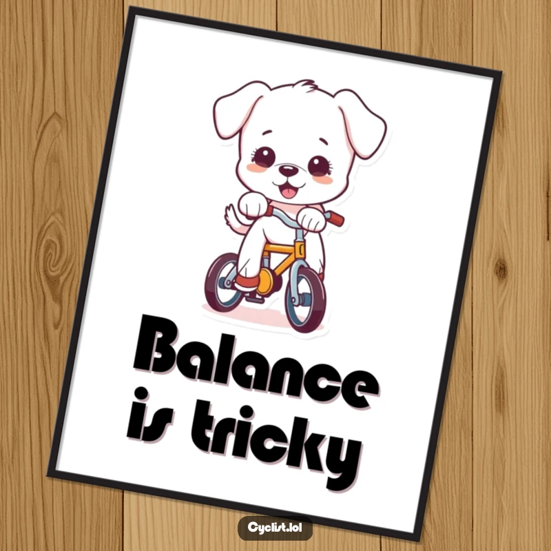 Funny puppy character hilariously failing to balance on a small bicycle, a digital art print for instant humorous wall decor.