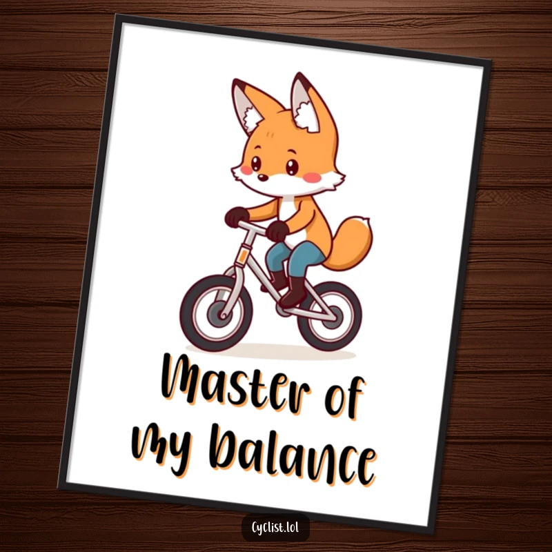 Funny digital art print showing a playful fox with intense concentration, masterfully balancing on a unicycle, ideal for humorous decor.