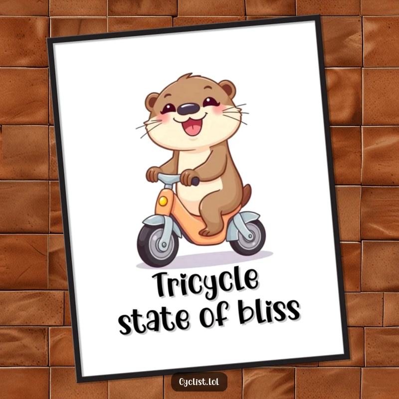 Funny digital art print of a curious otter riding a miniature tricycle with pure joy, perfect for humorous wall decor.