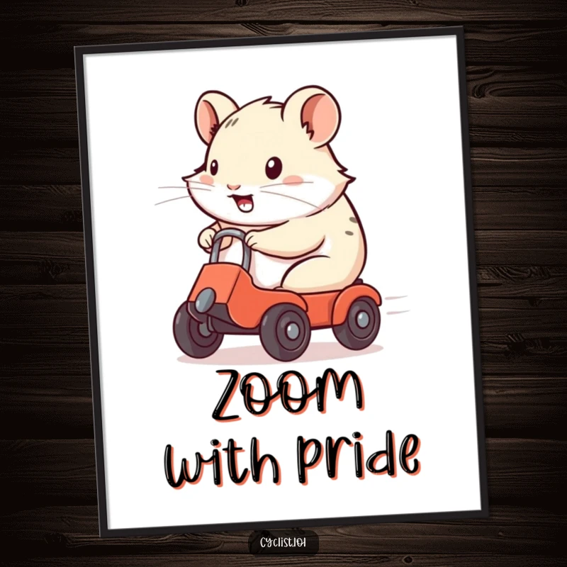 Funny Digital Art Print of a determined hamster skillfully riding a miniature wheeled contraption, full of speed and zest.