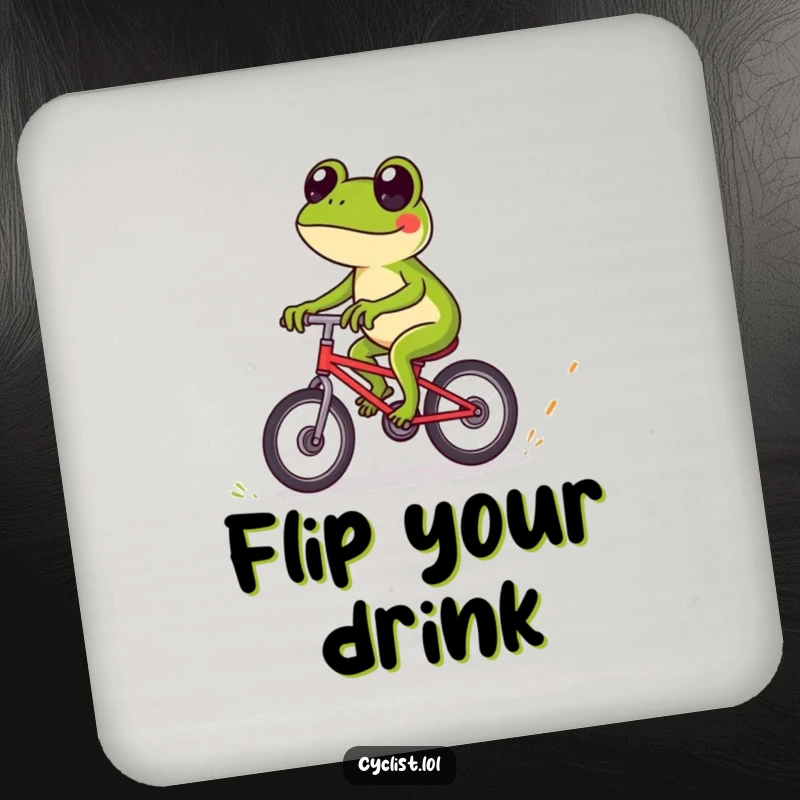 Funny frog bicycle coasters featuring a playful frog expertly riding over tiny obstacles, offering stylish and adventurous protection for drinks.