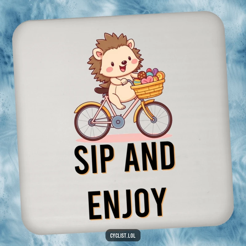 Funny hedgehog on a bicycle with a treat-filled basket, illustrated on a set of drink coasters, providing surface protection with charm.