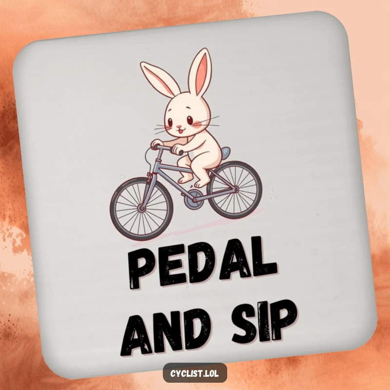 Funny determined rabbit character pedaling a tiny bicycle uphill on a drink coaster, symbolizing effort and resilience.