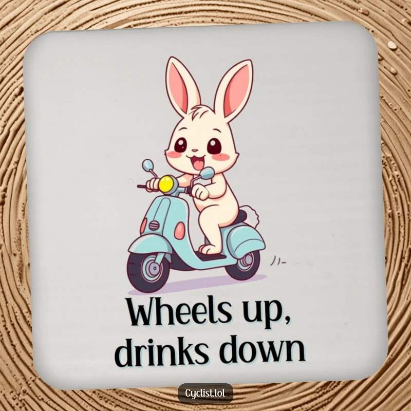 Funny drink coaster with a cheerful rabbit grinning, riding a miniature scooter, adding a humorous touch to any tabletop.