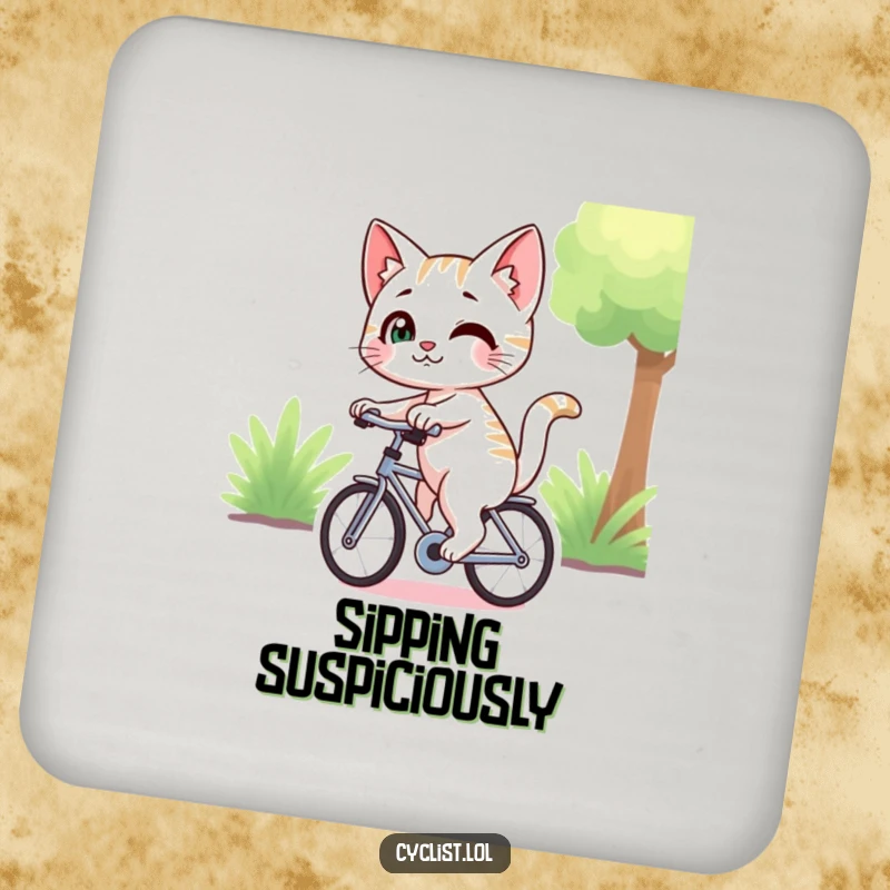 Funny cat with a mischievous smirk riding a bicycle and looking back, illustrated on a set of drink coasters, providing surface protection with humor.