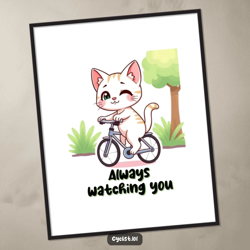 Funny curious cat with a sly smirk, cycling and looking back, presented as a vibrant wall poster for humorous and stylish decor.