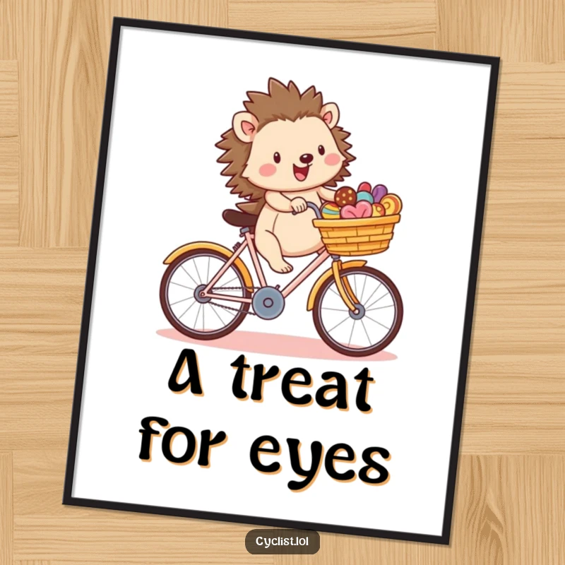 Funny happy hedgehog riding a bicycle with a basket overflowing with treats, presented as a vibrant wall poster for whimsical decor.