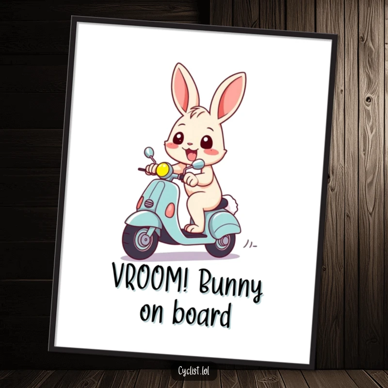 Funny poster featuring a cheerful rabbit with a wide grin, racing a tiny scooter, capturing a moment of pure, humorous exhilaration.