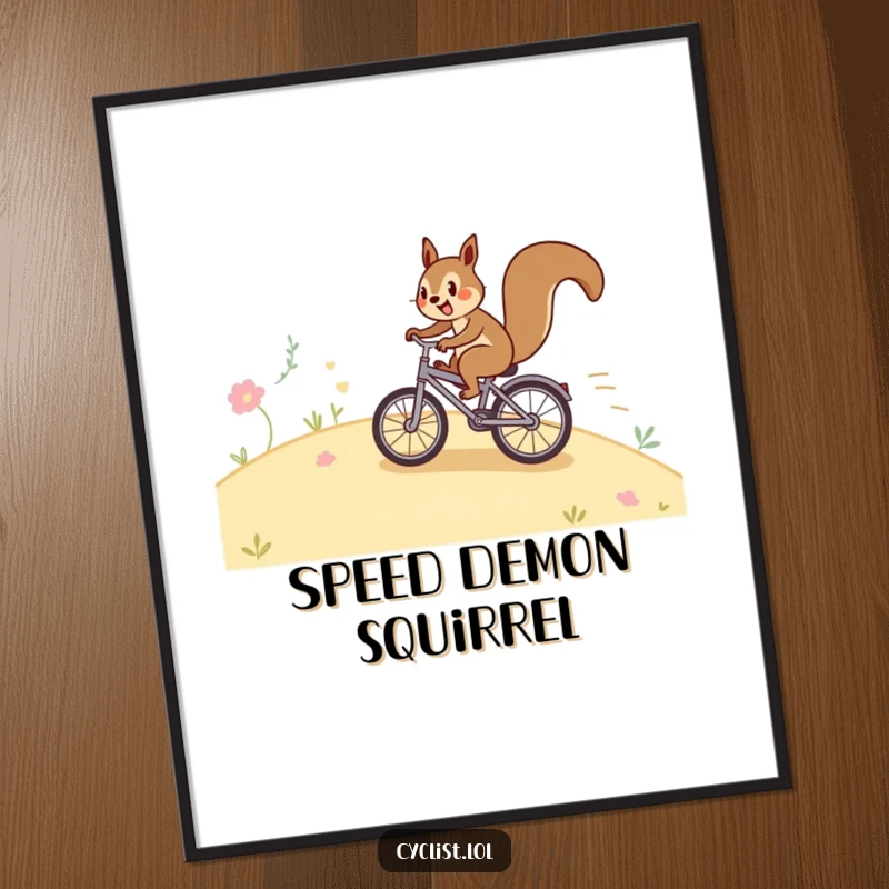 Funny squirrel bicycle poster with a happy squirrel speeding down a hill on a tiny bike, perfect for creating a lively and humorous atmosphere.