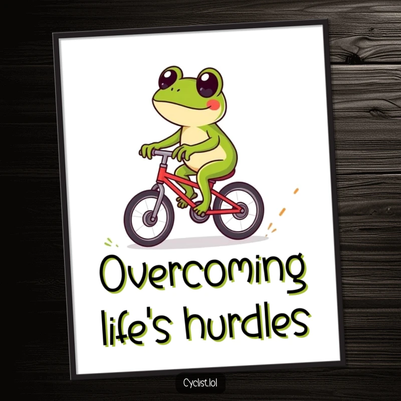 Funny frog bicycle poster featuring a playful frog expertly navigating over tiny obstacles on a bike, perfect for adventurous and nature-themed decor.