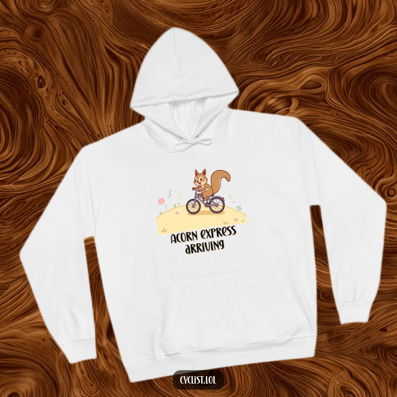 Funny happy squirrel hoodie with a squirrel speeding downhill on a tiny bicycle, offering comfort and humor for outdoor enthusiasts.