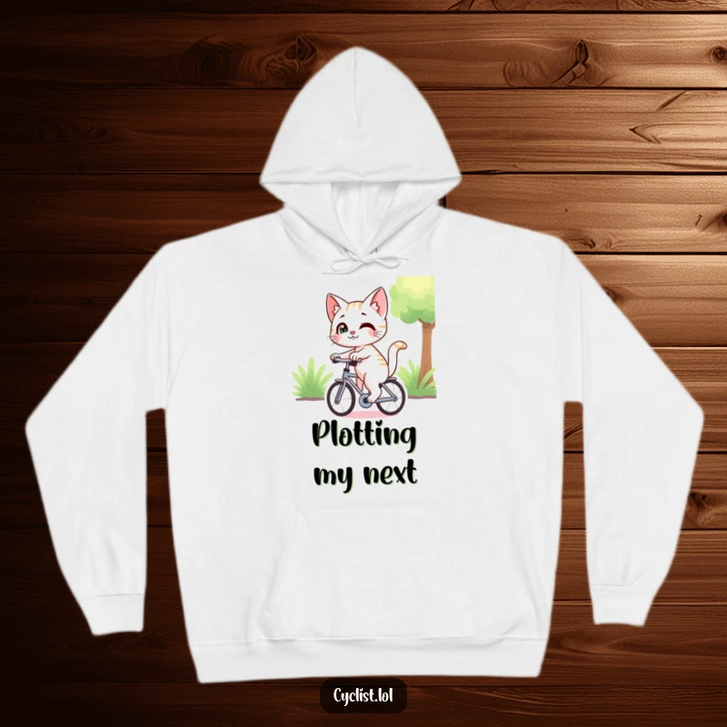 Funny cat character with a mischievous smirk, cycling and looking back, featured on a comfortable hoodie, for cozy and enigmatic wear.