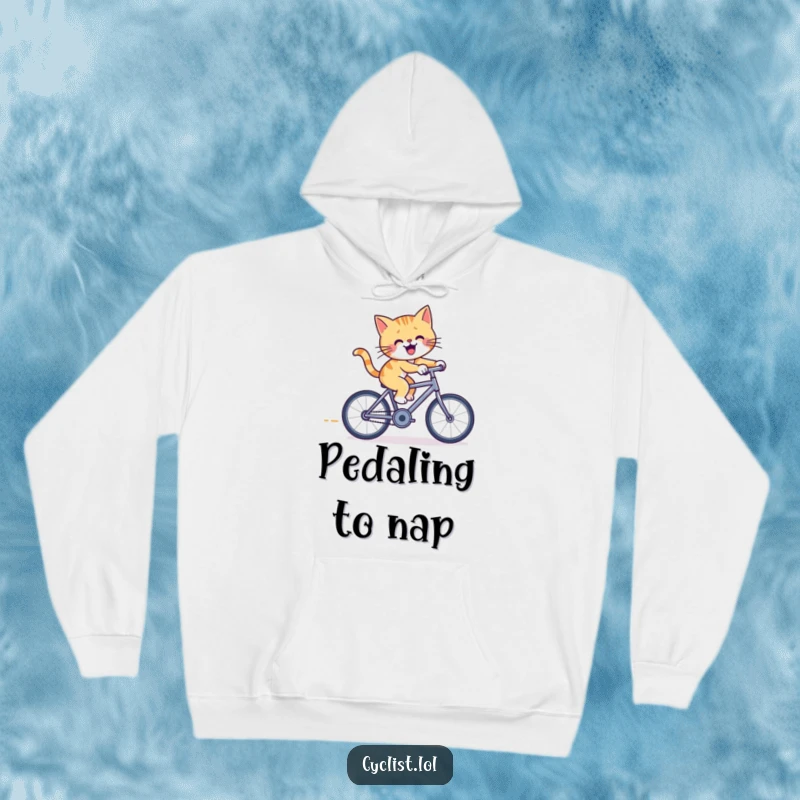 Funny cat hoodie featuring a cheerful cat furiously pedaling a tiny racing bicycle, combining warmth with a playful sense of urgency.