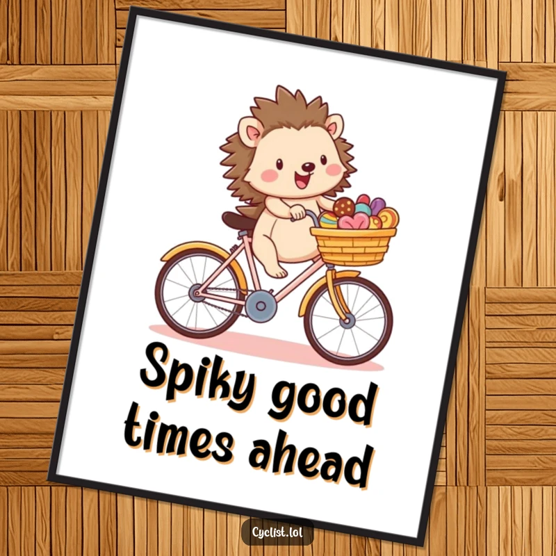 Funny Free Printable Wall Art: A joyful hedgehog cycles merrily, its bike basket overflowing with tempting treats, creating cute decor.