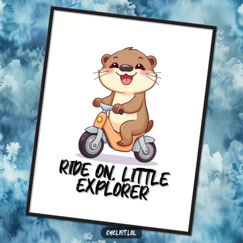Funny Free Printable Wall Art: Curious otter riding a miniature tricycle with absolute joy, radiating happiness.