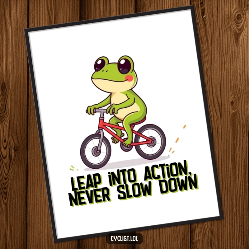 Funny free printable wall art of a playful frog expertly riding a bike and navigating tiny obstacles.
