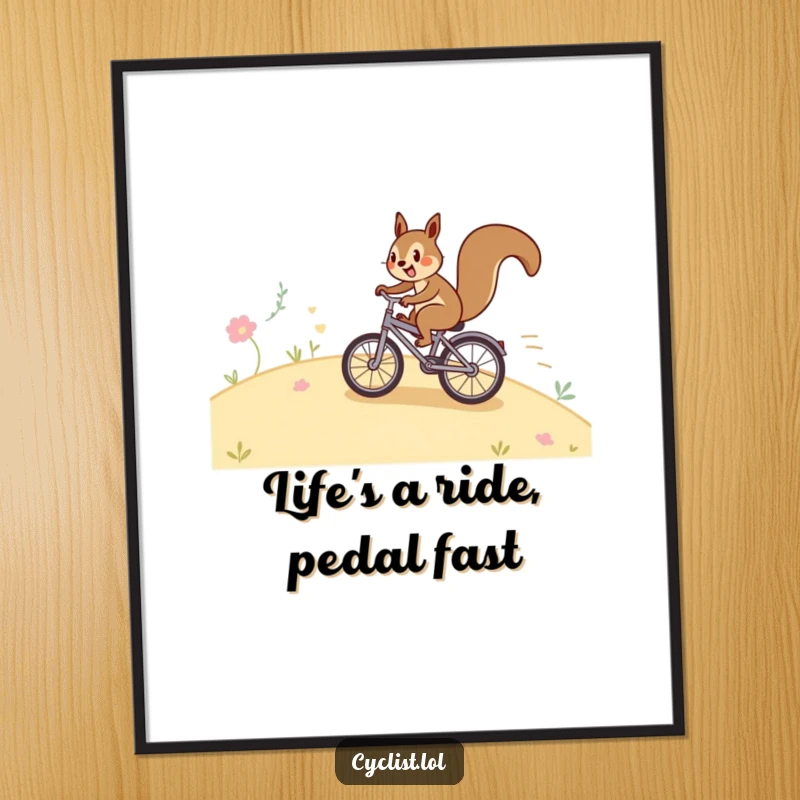 Funny Free Printable Wall Art: A happy squirrel speeds downhill on a tiny bicycle, perfect for print-at-home whimsical decor.