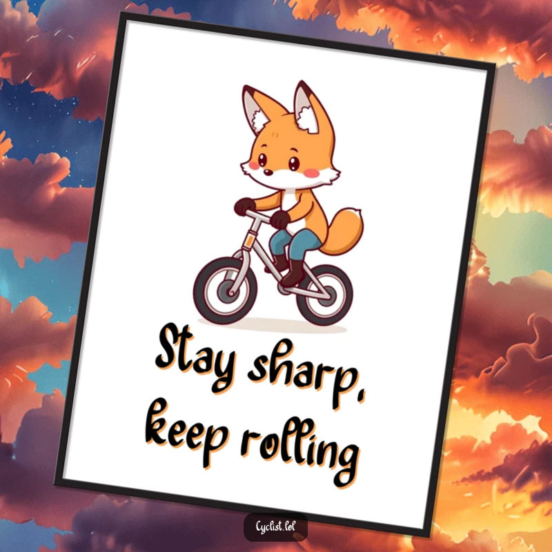 Funny Free Printable Wall Art: Playful fox with intense concentration riding a unicycle, creating a captivating visual.