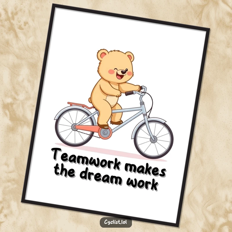 Funny Free Printable Wall Art: Determined bear cub balancing with great effort on a tiny tandem bike, full of character.